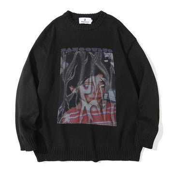 Wiaofellas Knitted Sweater Men Hip Hop Abstract Portrait Pattern Oversized Pullover Women Autumn Street Harajuku Cotton Warm Sweater Unisex